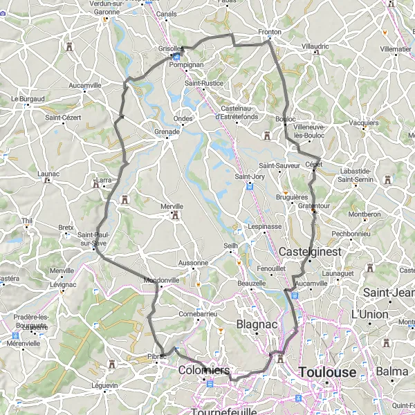 Map miniature of "The Pibrac Loop" cycling inspiration in Midi-Pyrénées, France. Generated by Tarmacs.app cycling route planner