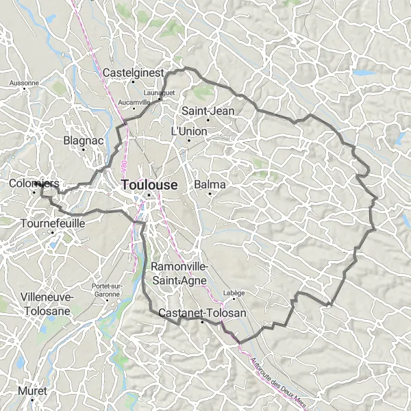 Kartminiatyr av "Spännande landsvägscykelrutt runt Colomiers" cykelinspiration i Midi-Pyrénées, France. Genererad av Tarmacs.app cykelruttplanerare