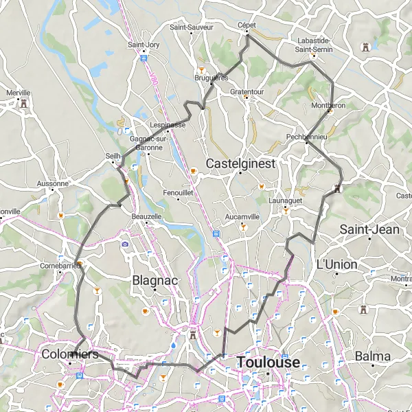 Map miniature of "Colomiers Loop via Cornebarrieu, Seilh, and Bruguières" cycling inspiration in Midi-Pyrénées, France. Generated by Tarmacs.app cycling route planner