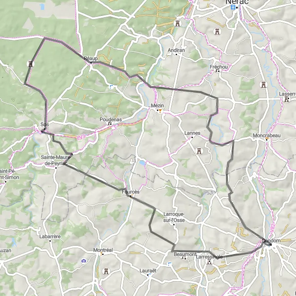 Mapa miniatúra "Cyklistická trasa okolo Condomu cez Larressingle, Sainte-Maure-de-Peyriac a Grazimis" cyklistická inšpirácia v Midi-Pyrénées, France. Vygenerované cyklistickým plánovačom trás Tarmacs.app
