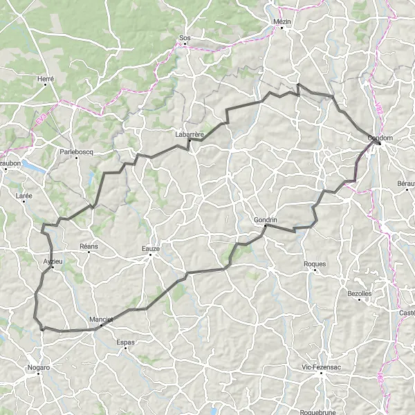 Miniaturní mapa "Okružní cyklistická trasa přes Mouchan, Gondrin, Manciet, Ayzieu, Castelnau-d'Auzan a Fourcès" inspirace pro cyklisty v oblasti Midi-Pyrénées, France. Vytvořeno pomocí plánovače tras Tarmacs.app