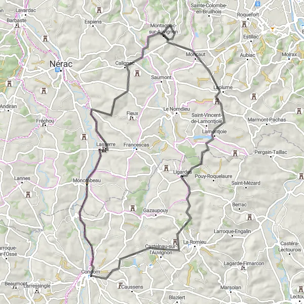 Miniatua del mapa de inspiración ciclista "Ruta de Ciclismo en Carretera de Condom a Lasserre" en Midi-Pyrénées, France. Generado por Tarmacs.app planificador de rutas ciclistas