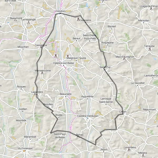 Miniaturní mapa "Pohodlná cyklotrasa přes Saint-Puy, Cézan, Bonas, Lagardère, Cassaigne a Condom" inspirace pro cyklisty v oblasti Midi-Pyrénées, France. Vytvořeno pomocí plánovače tras Tarmacs.app