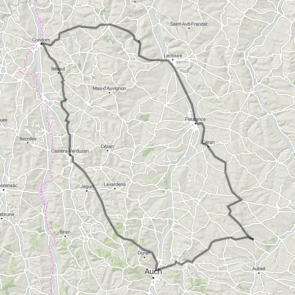 Map miniature of "The Romieu and the Gers Valley" cycling inspiration in Midi-Pyrénées, France. Generated by Tarmacs.app cycling route planner