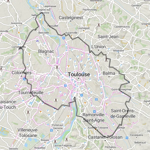 Zemljevid v pomanjšavi "Cornebarrieu - Saint-Orens-de-Gameville - Colomiers" kolesarske inspiracije v Midi-Pyrénées, France. Generirano z načrtovalcem kolesarskih poti Tarmacs.app