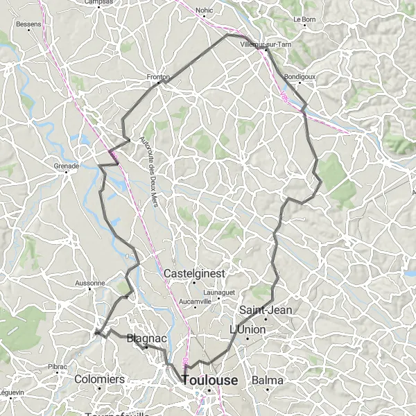 Mapa miniatúra "Západná cesta okolo Toulouse" cyklistická inšpirácia v Midi-Pyrénées, France. Vygenerované cyklistickým plánovačom trás Tarmacs.app