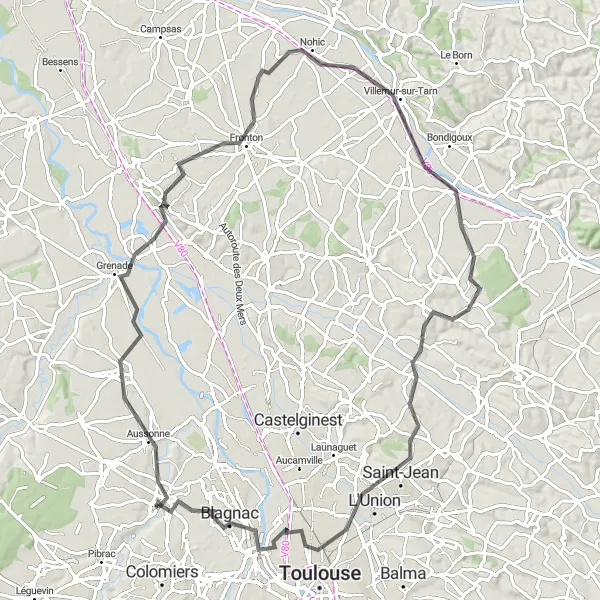 Mapa miniatúra "Road Circuit from Cornebarrieu" cyklistická inšpirácia v Midi-Pyrénées, France. Vygenerované cyklistickým plánovačom trás Tarmacs.app