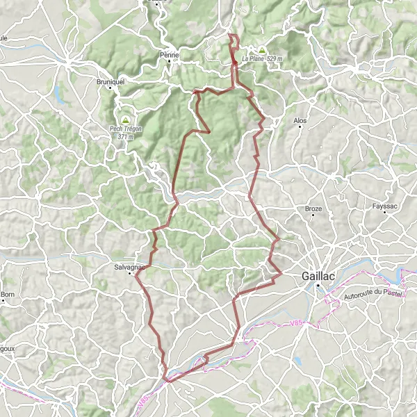 Mapa miniatúra "Gravel okruh cez Salvagnac a Castelnau-de-Montmiral" cyklistická inšpirácia v Midi-Pyrénées, France. Vygenerované cyklistickým plánovačom trás Tarmacs.app