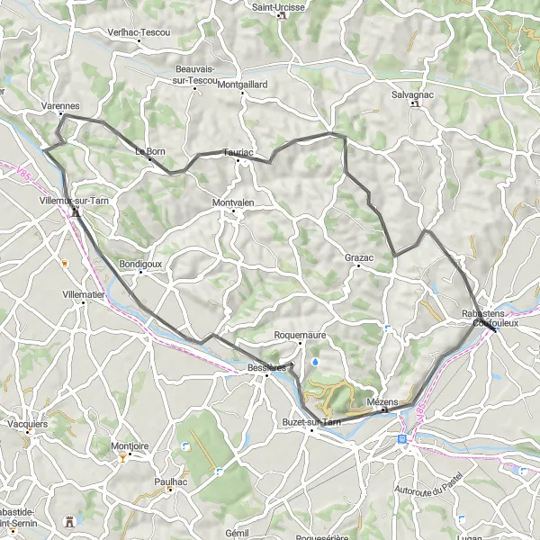 Zemljevid v pomanjšavi "Kolesarska pot Rabastens - Mirepoix-sur-Tarn" kolesarske inspiracije v Midi-Pyrénées, France. Generirano z načrtovalcem kolesarskih poti Tarmacs.app