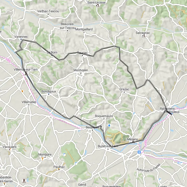 Miniatuurkaart van de fietsinspiratie "Rabastens naar Le Born fietsroute" in Midi-Pyrénées, France. Gemaakt door de Tarmacs.app fietsrouteplanner