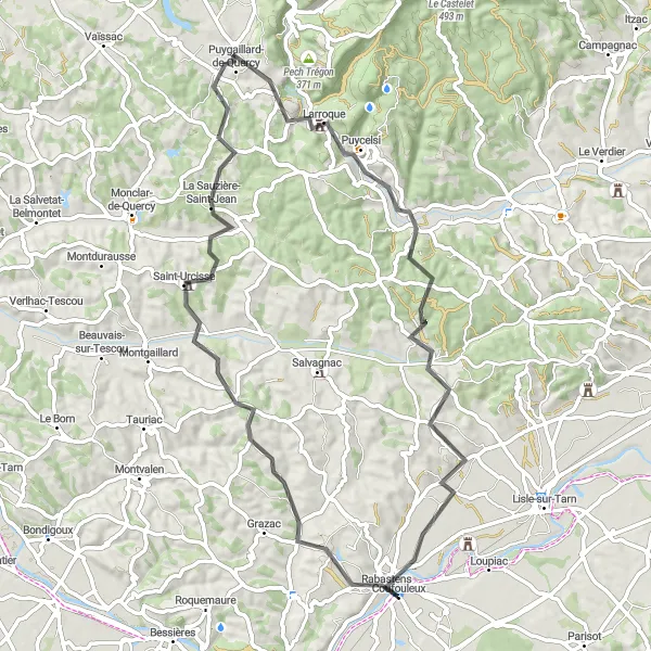 Mapa miniatúra "Cyklistická trasa cez La Sauzière-Saint-Jean" cyklistická inšpirácia v Midi-Pyrénées, France. Vygenerované cyklistickým plánovačom trás Tarmacs.app