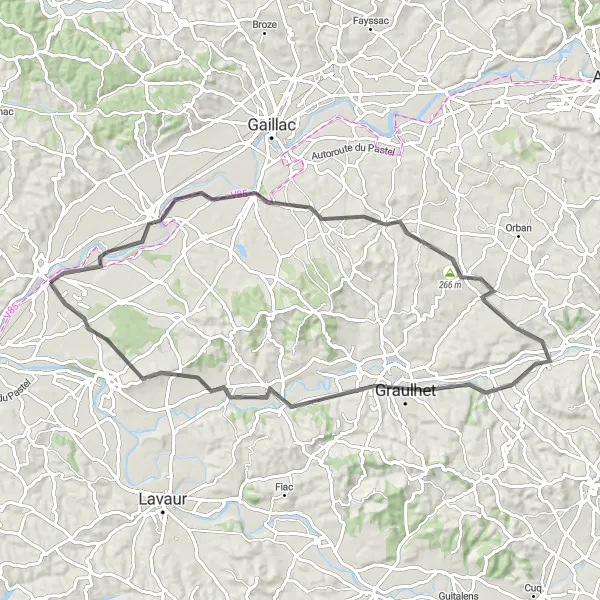 Mapa miniatúra "Okruh po cestnej cyklotrase cez Cadalen a Briatexte" cyklistická inšpirácia v Midi-Pyrénées, France. Vygenerované cyklistickým plánovačom trás Tarmacs.app
