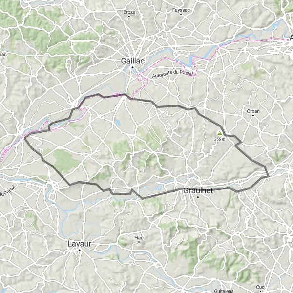 Miniaturekort af cykelinspirationen "Charmetur fra Coufouleux til Lisle-sur-Tarn" i Midi-Pyrénées, France. Genereret af Tarmacs.app cykelruteplanlægger