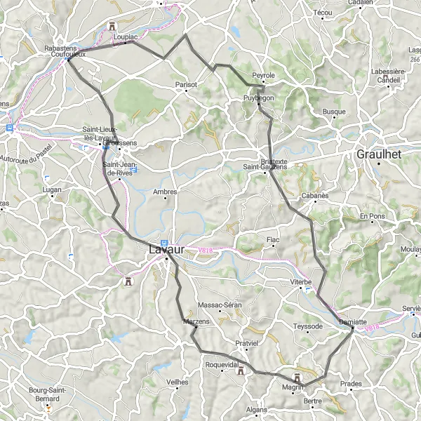 Mapa miniatúra "Trasa s výhľadom na Rabastens a okolie" cyklistická inšpirácia v Midi-Pyrénées, France. Vygenerované cyklistickým plánovačom trás Tarmacs.app