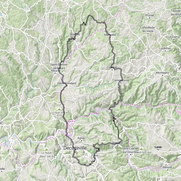 Miniatura mapy "Przejażdżka przez urokliwe tereny okolic Midi-Pyrénées" - trasy rowerowej w Midi-Pyrénées, France. Wygenerowane przez planer tras rowerowych Tarmacs.app