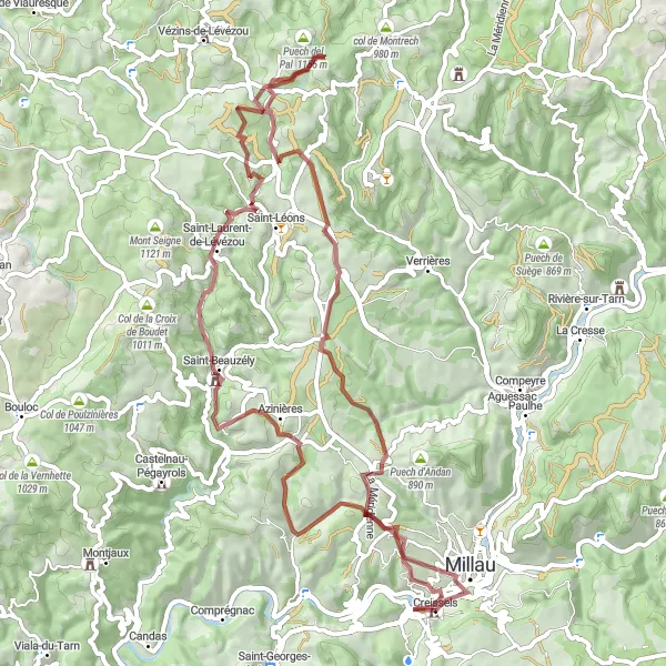 Miniaturní mapa "Gravelový výlet kolem Millau" inspirace pro cyklisty v oblasti Midi-Pyrénées, France. Vytvořeno pomocí plánovače tras Tarmacs.app