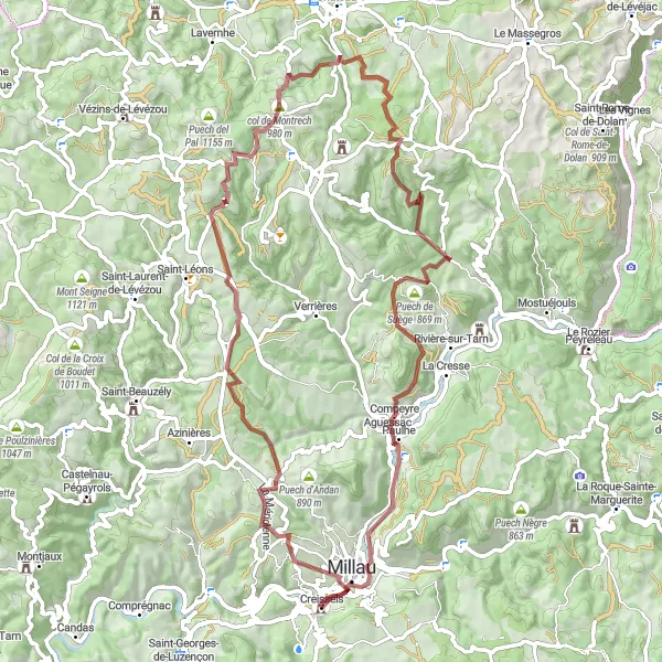 Miniaturní mapa "Gravelový výlet kolem Millau" inspirace pro cyklisty v oblasti Midi-Pyrénées, France. Vytvořeno pomocí plánovače tras Tarmacs.app