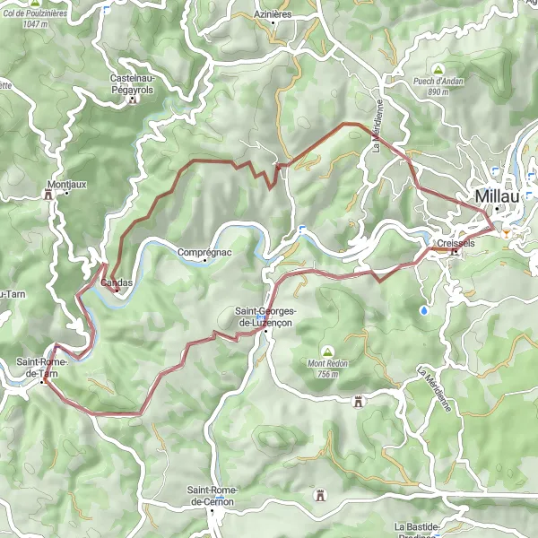 Miniatuurkaart van de fietsinspiratie "Gravelroute langs de Tarn-vallei" in Midi-Pyrénées, France. Gemaakt door de Tarmacs.app fietsrouteplanner