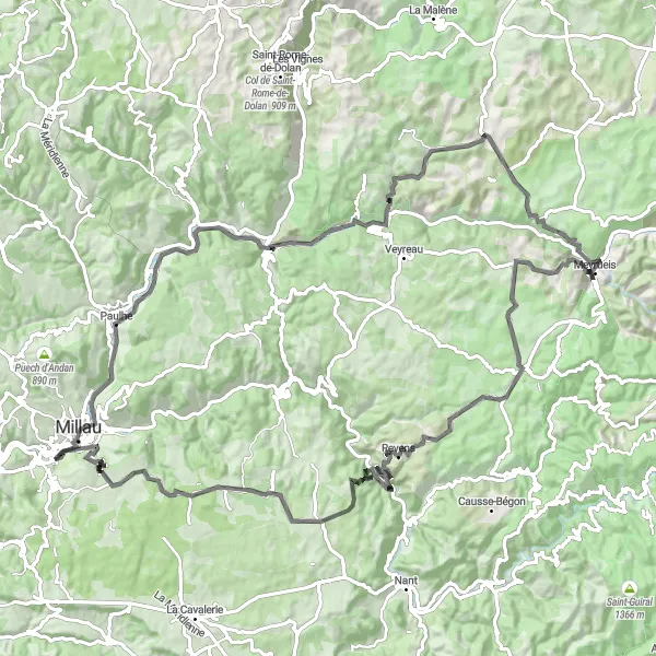 Mapa miniatúra "Výzva okolo Millau" cyklistická inšpirácia v Midi-Pyrénées, France. Vygenerované cyklistickým plánovačom trás Tarmacs.app