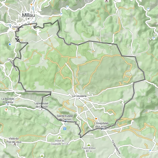 Map miniature of "The Millau Experience" cycling inspiration in Midi-Pyrénées, France. Generated by Tarmacs.app cycling route planner