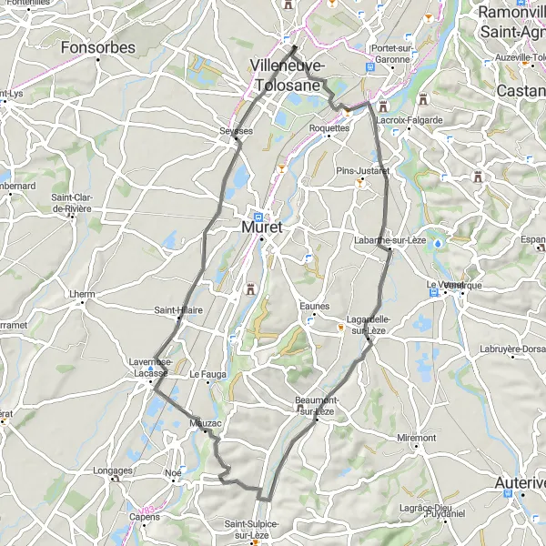 Mapa miniatúra "Cyklotúra okolo Cugnaux" cyklistická inšpirácia v Midi-Pyrénées, France. Vygenerované cyklistickým plánovačom trás Tarmacs.app