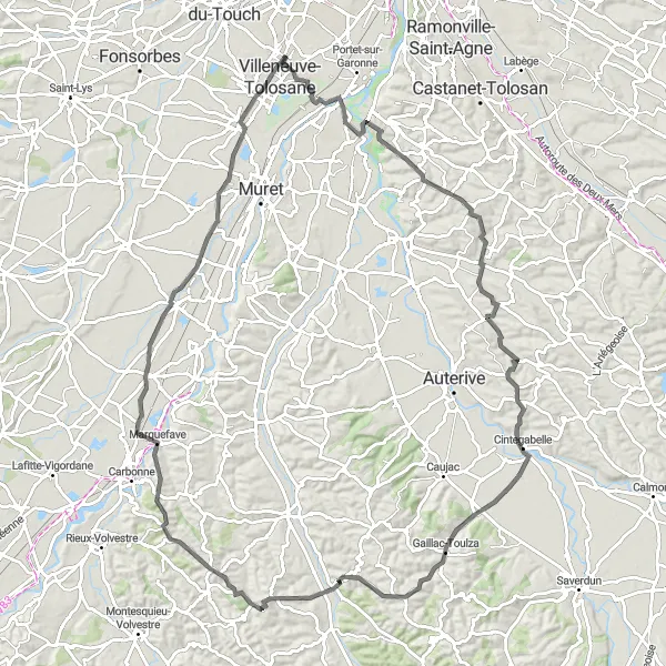 Miniatua del mapa de inspiración ciclista "Ruta de ciclismo de 108 km cerca de Cugnaux" en Midi-Pyrénées, France. Generado por Tarmacs.app planificador de rutas ciclistas