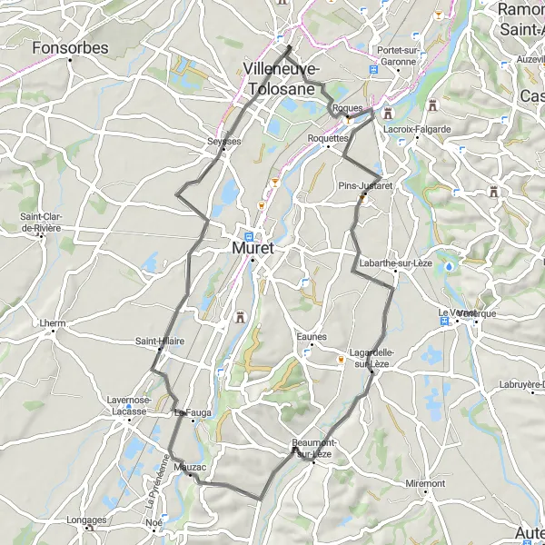 Miniaturní mapa "Road Route from Pins-Justaret to Cugnaux" inspirace pro cyklisty v oblasti Midi-Pyrénées, France. Vytvořeno pomocí plánovače tras Tarmacs.app