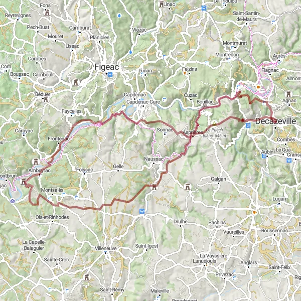 Miniatuurkaart van de fietsinspiratie "Gravelavontuur rond Ambeyrac" in Midi-Pyrénées, France. Gemaakt door de Tarmacs.app fietsrouteplanner