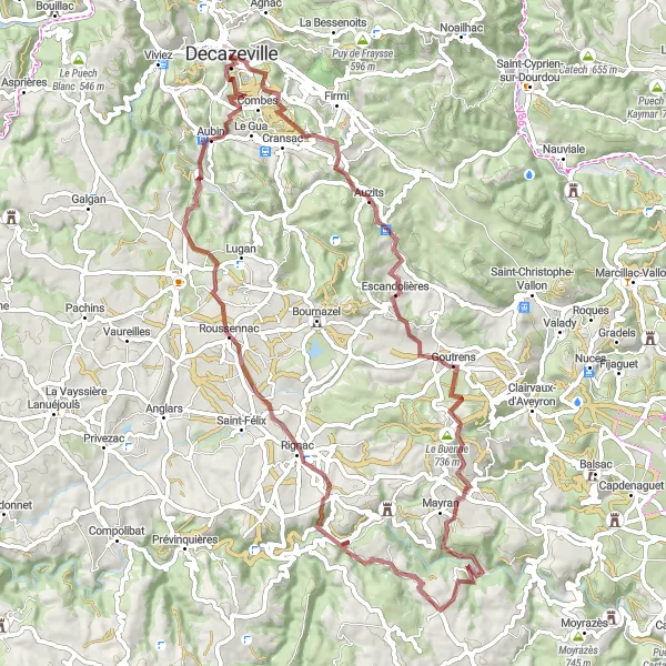 Miniature de la carte de l'inspiration cycliste "Boucle des Vignobles d'Auzits" dans la Midi-Pyrénées, France. Générée par le planificateur d'itinéraire cycliste Tarmacs.app