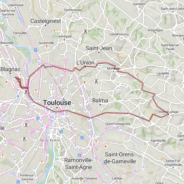 Map miniature of "Loop from Drémil-Lafage to Guilheméry (Gravel)" cycling inspiration in Midi-Pyrénées, France. Generated by Tarmacs.app cycling route planner