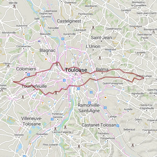 Mapa miniatúra "Gravelový okruh cez Tag a Balma" cyklistická inšpirácia v Midi-Pyrénées, France. Vygenerované cyklistickým plánovačom trás Tarmacs.app