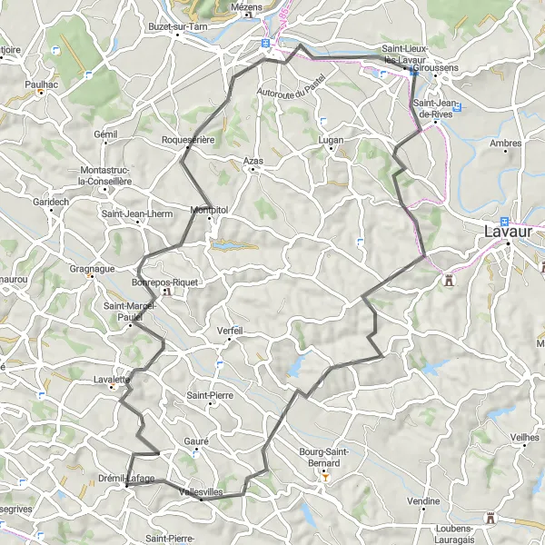 Kartminiatyr av "Drémil-Lafage til Vallesvilles eventyrlystne sykkeltur" sykkelinspirasjon i Midi-Pyrénées, France. Generert av Tarmacs.app sykkelrutoplanlegger