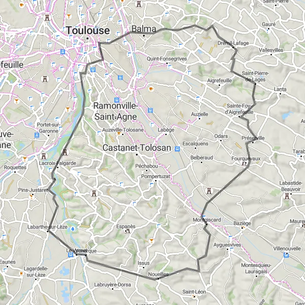 Kartminiatyr av "Scenisk cykeltur runt Drémil-Lafage" cykelinspiration i Midi-Pyrénées, France. Genererad av Tarmacs.app cykelruttplanerare