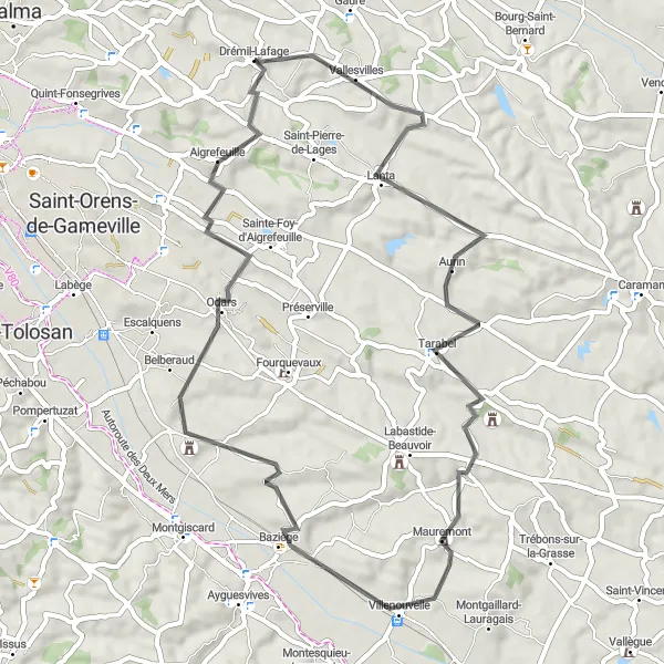 Miniaturní mapa "Okruh kolem Drémil-Lafage" inspirace pro cyklisty v oblasti Midi-Pyrénées, France. Vytvořeno pomocí plánovače tras Tarmacs.app