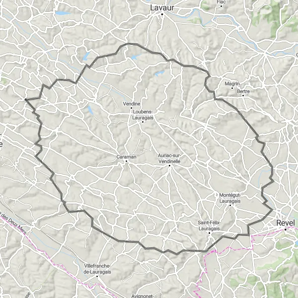 Map miniature of "The Splendors of Lavaur" cycling inspiration in Midi-Pyrénées, France. Generated by Tarmacs.app cycling route planner