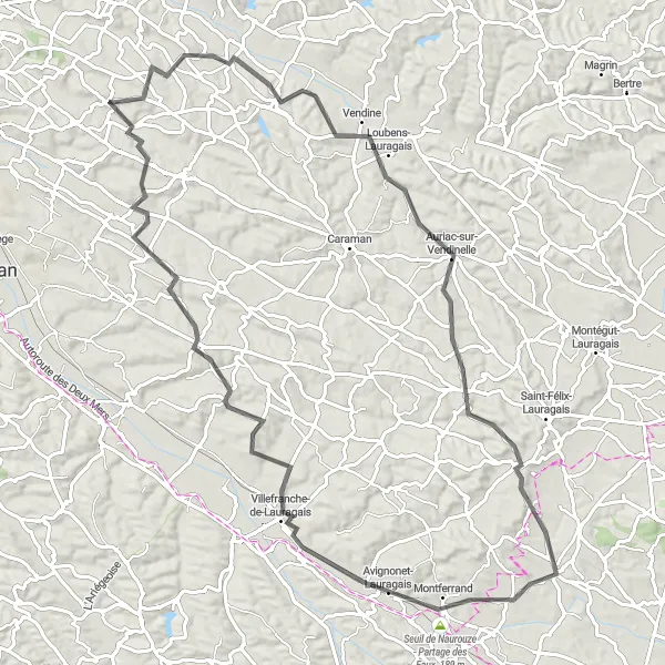 Miniatuurkaart van de fietsinspiratie "Historische route naar Villefranche-de-Lauragais" in Midi-Pyrénées, France. Gemaakt door de Tarmacs.app fietsrouteplanner