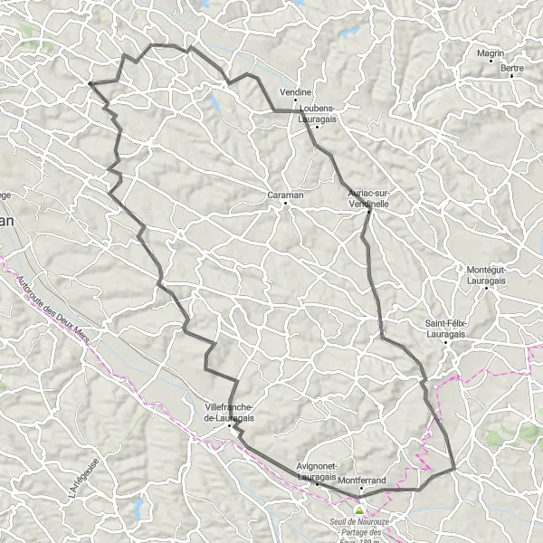 Miniature de la carte de l'inspiration cycliste "Boucle de Drémil-Lafage à Labastide-Beauvoir" dans la Midi-Pyrénées, France. Générée par le planificateur d'itinéraire cycliste Tarmacs.app