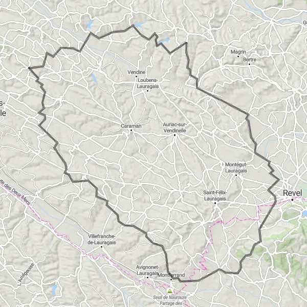 Karten-Miniaturansicht der Radinspiration "Herausforderung durch die Hügel des Lauragais" in Midi-Pyrénées, France. Erstellt vom Tarmacs.app-Routenplaner für Radtouren
