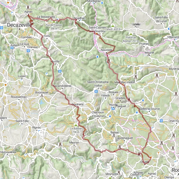 Miniatua del mapa de inspiración ciclista "Ruta de Gravel a Saint-Cyprien-sur-Dourdou" en Midi-Pyrénées, France. Generado por Tarmacs.app planificador de rutas ciclistas