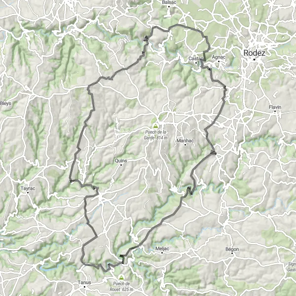 Miniaturní mapa "Náročná cesta skrz malebný kraj" inspirace pro cyklisty v oblasti Midi-Pyrénées, France. Vytvořeno pomocí plánovače tras Tarmacs.app