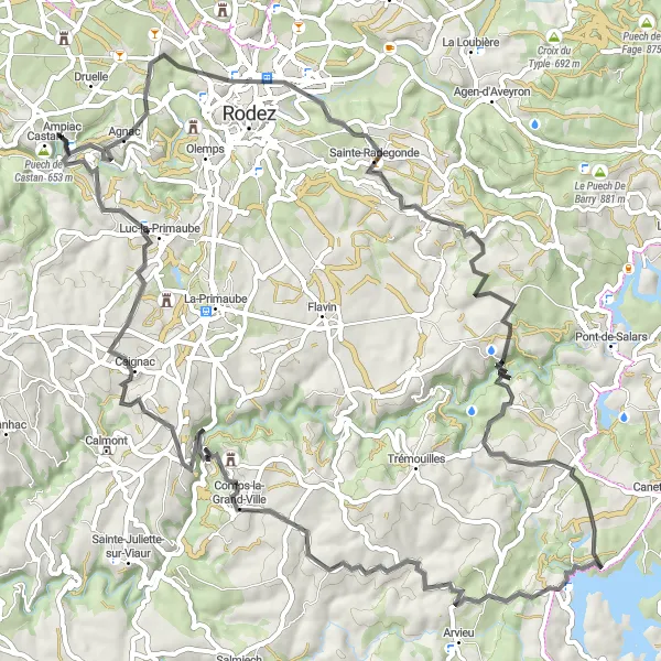 Karttaminiaatyyri "Druelle - Luc-la-Primaube - Druelle" pyöräilyinspiraatiosta alueella Midi-Pyrénées, France. Luotu Tarmacs.app pyöräilyreittisuunnittelijalla