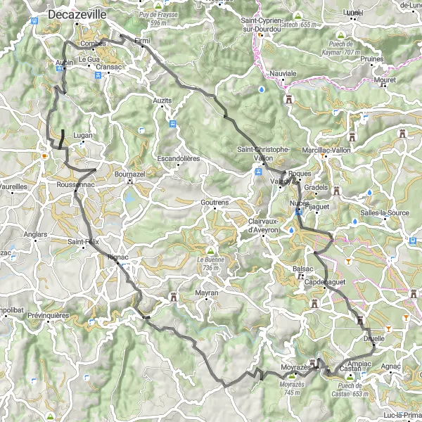 Map miniature of "Druelle Loop via Moulin de Fleyrac" cycling inspiration in Midi-Pyrénées, France. Generated by Tarmacs.app cycling route planner