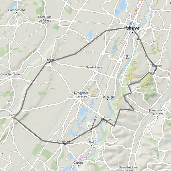 Miniatura mapy "Przejażdżka przez Eaunes, Mauzac, Bérat, Lherm i Muret" - trasy rowerowej w Midi-Pyrénées, France. Wygenerowane przez planer tras rowerowych Tarmacs.app