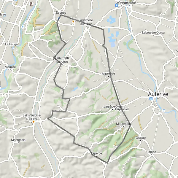 Miniaturní mapa "Okruh kolem Eaunes" inspirace pro cyklisty v oblasti Midi-Pyrénées, France. Vytvořeno pomocí plánovače tras Tarmacs.app