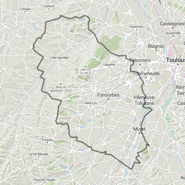 Miniatua del mapa de inspiración ciclista "Ruta desafiante de 135 km desde Eaunes" en Midi-Pyrénées, France. Generado por Tarmacs.app planificador de rutas ciclistas