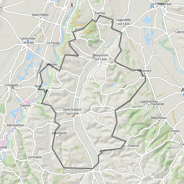 Miniature de la carte de l'inspiration cycliste "Parcours pittoresque autour de Lagardelle-sur-Lèze" dans la Midi-Pyrénées, France. Générée par le planificateur d'itinéraire cycliste Tarmacs.app