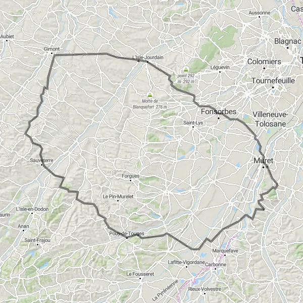 Miniatura mapy "Trasa Longages - Muret" - trasy rowerowej w Midi-Pyrénées, France. Wygenerowane przez planer tras rowerowych Tarmacs.app