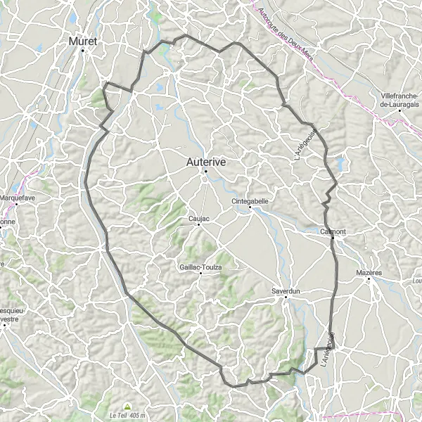 Miniatua del mapa de inspiración ciclista "Ruta de ciclismo en carretera desde Eaunes a Beaumont-sur-Lèze" en Midi-Pyrénées, France. Generado por Tarmacs.app planificador de rutas ciclistas