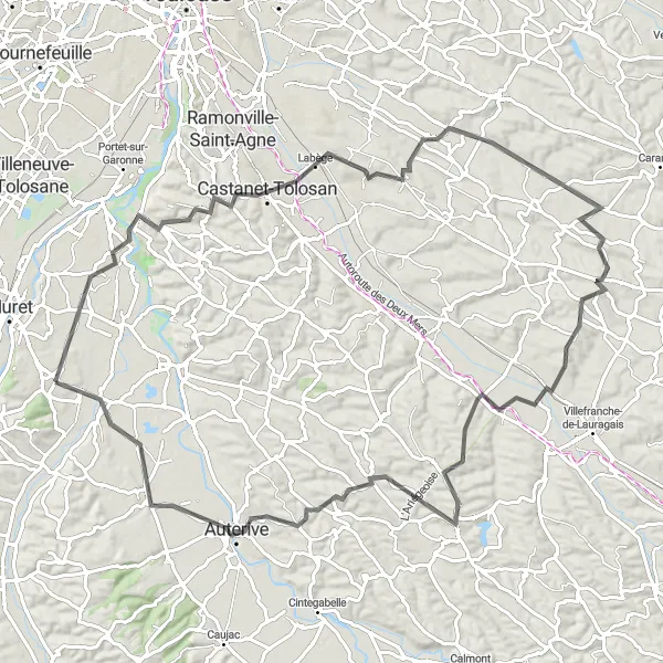 Miniatua del mapa de inspiración ciclista "Ruta de ciclismo en carretera desde Eaunes" en Midi-Pyrénées, France. Generado por Tarmacs.app planificador de rutas ciclistas
