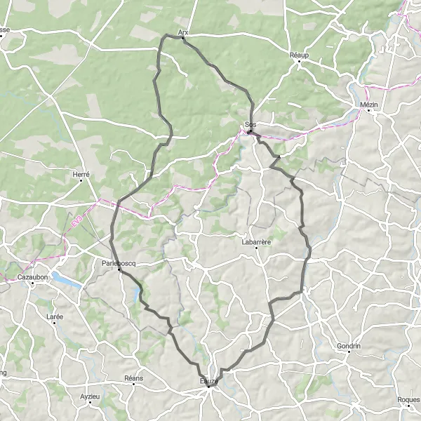 Map miniature of "The Armagnac Loop" cycling inspiration in Midi-Pyrénées, France. Generated by Tarmacs.app cycling route planner